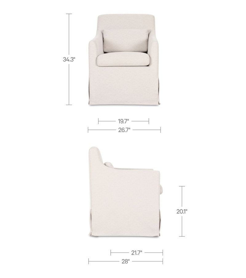 Beige slipcovered dining chair, front and side view with dimensions shown
