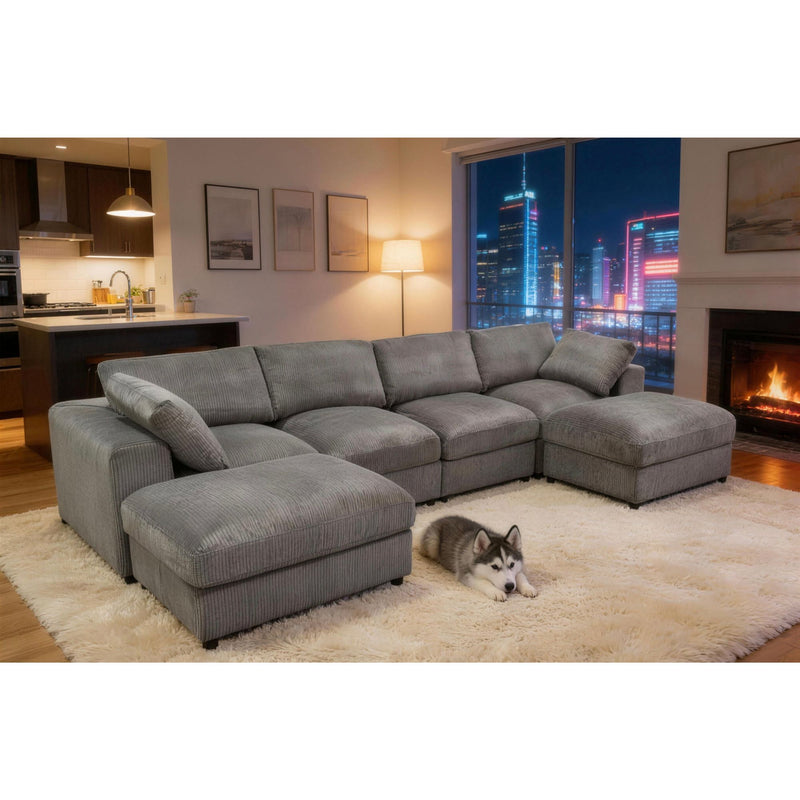 Gray modular sectional sofa with corner chaise and ottoman-style seat