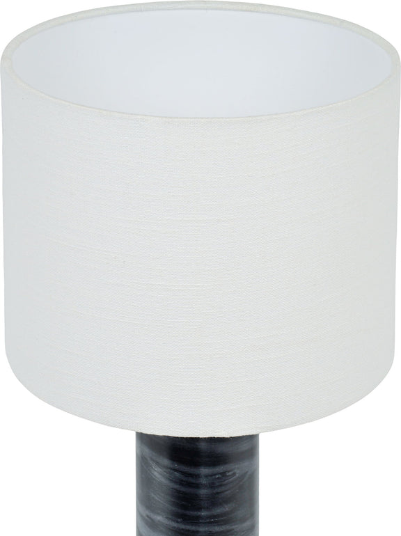 Textured fabric table lamp with white drum shade and dark gray cylindrical base