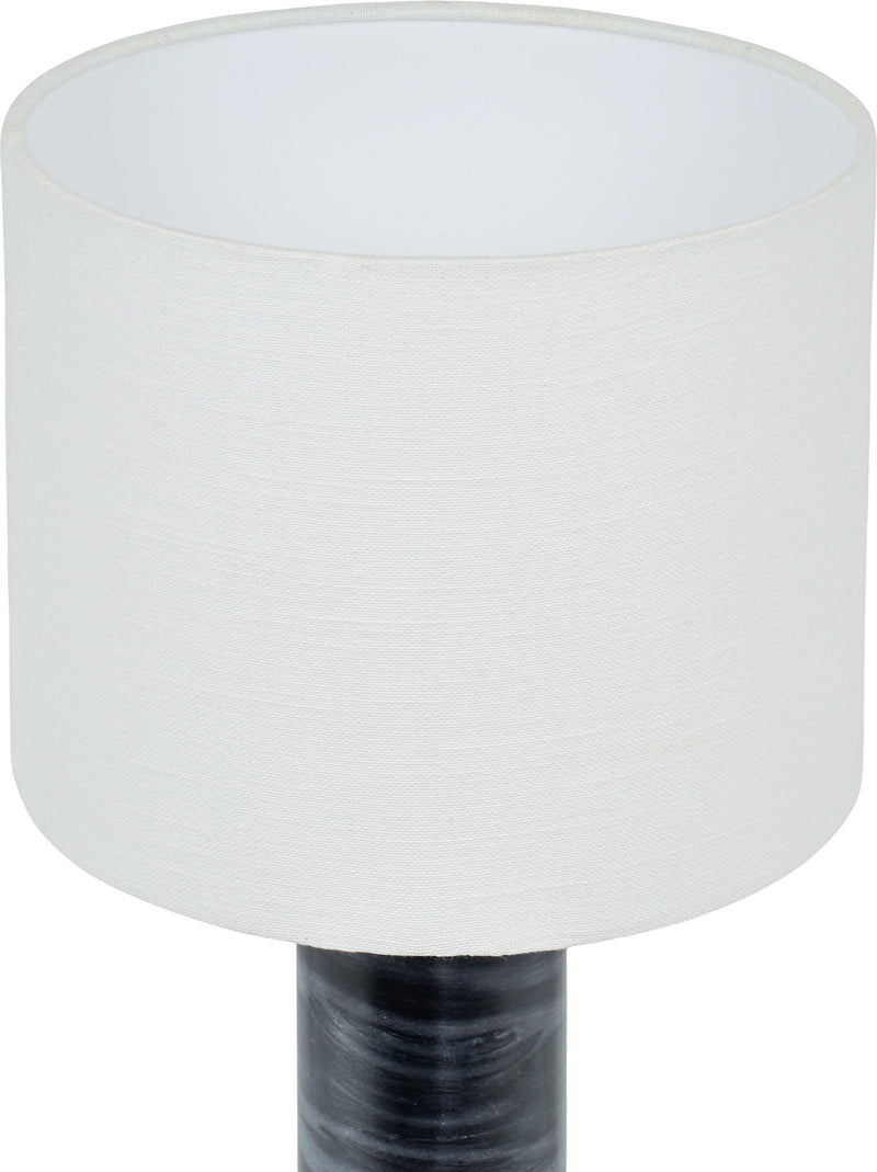 Textured fabric table lamp with white drum shade and dark gray cylindrical base