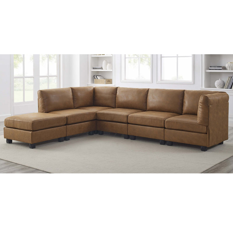 Brown sectional sofa with left chaise, tufted seat cushions, and square arms.