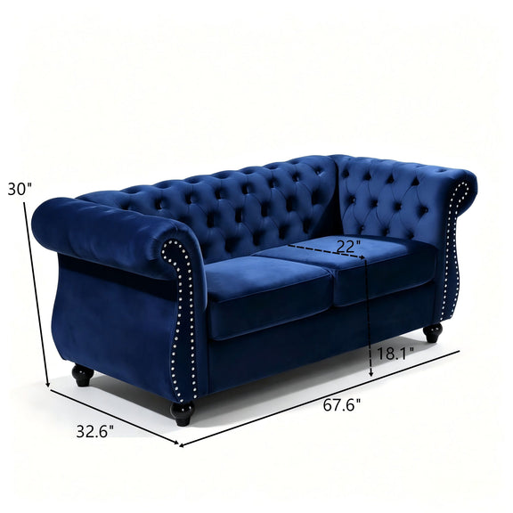 Blue tufted button loveseat with rolled arms, studded nailhead trim, and measurement labels.