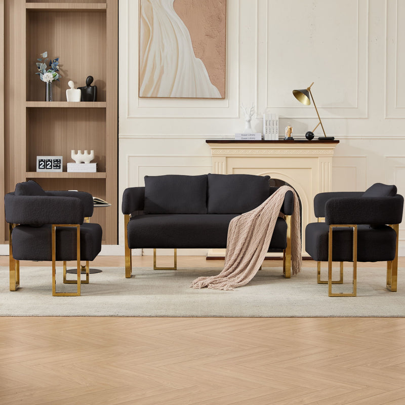 Black upholstered side chair with padded seat, armrests, and gold-tone legs