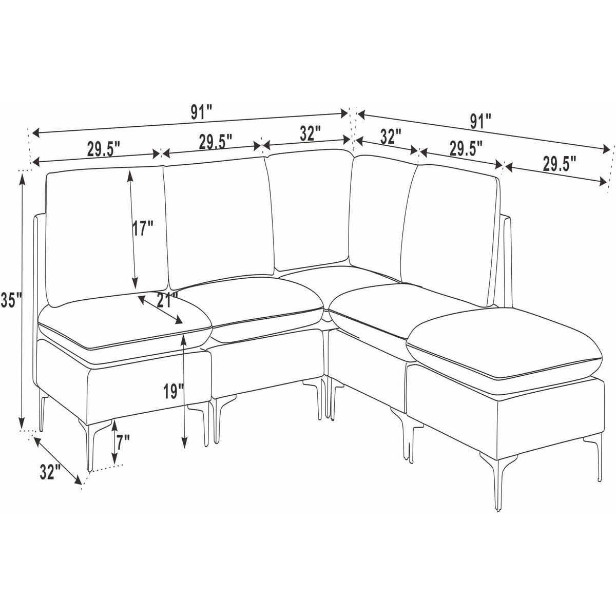 Modular upholstered sectional with tall legs, corner chaise; medium-firm seat layout diagram