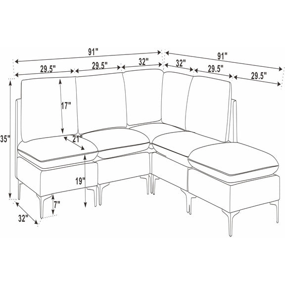 Modular upholstered sectional with tall legs, corner chaise; medium-firm seat layout diagram