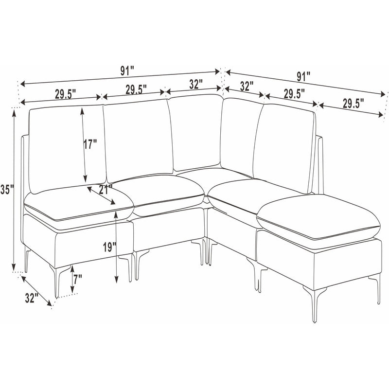 Modular upholstered sectional with tall legs, corner chaise; medium-firm seat layout diagram