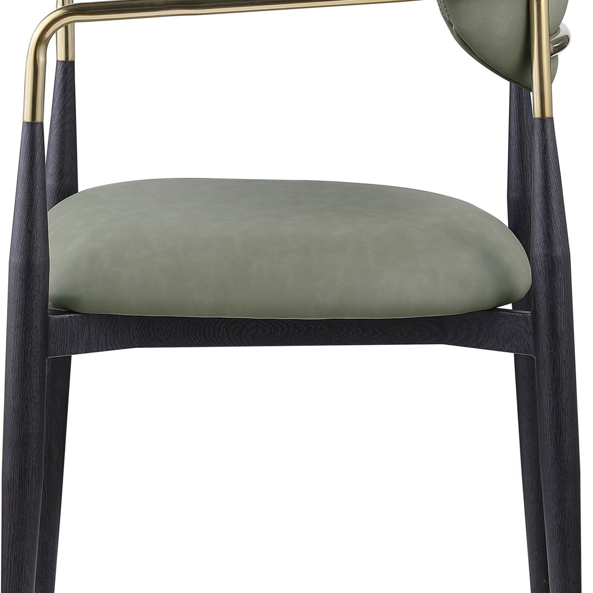 Upholstered dining arm chair with light sage seat and back, black legs, gold arm frame