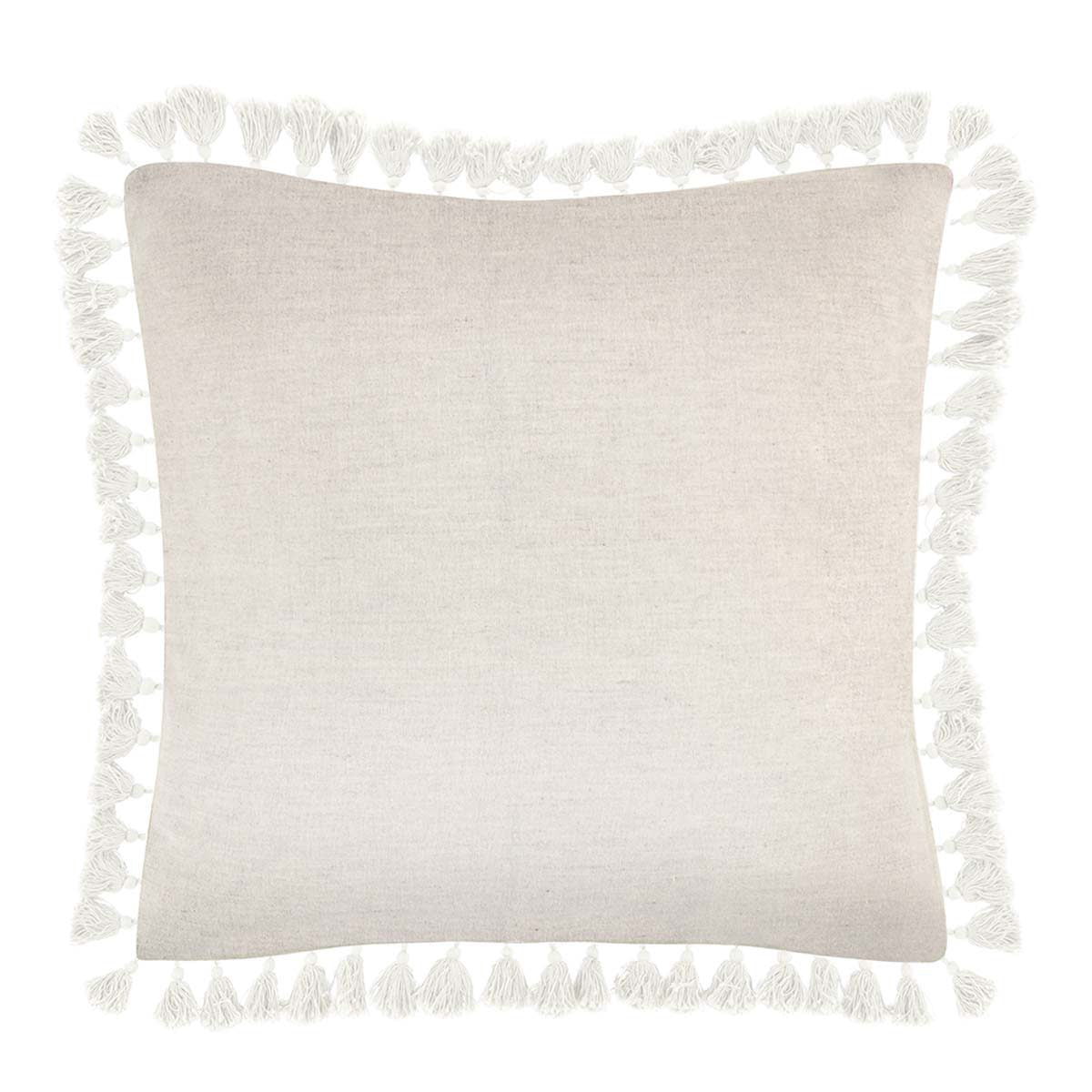 Solid light-beige square pillow with white tassel fringe border