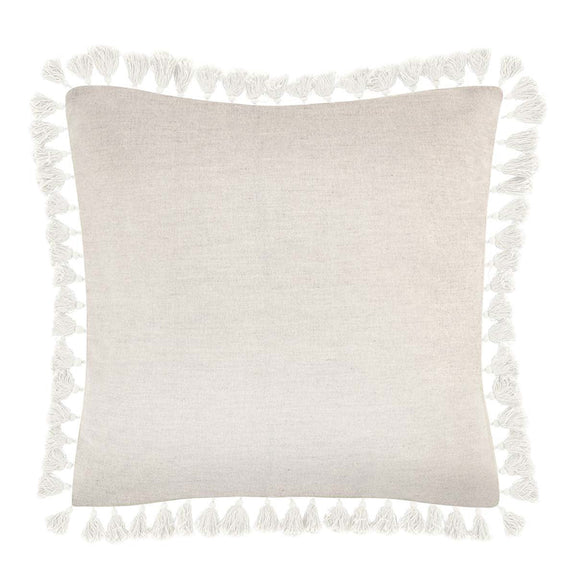 Solid light-beige square pillow with white tassel fringe border