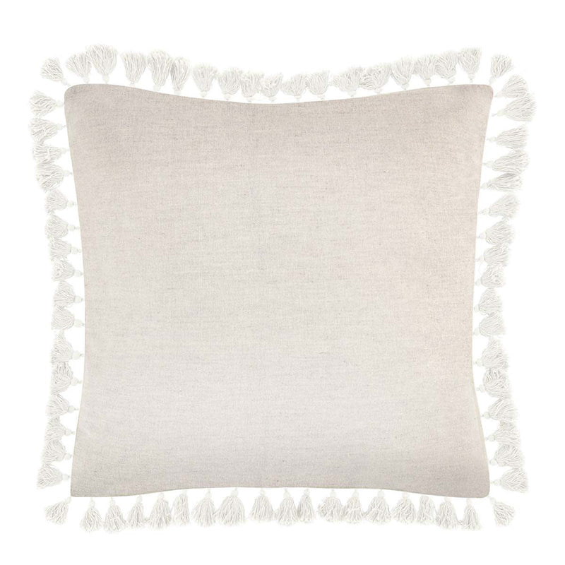 Solid light-beige square pillow with white tassel fringe border