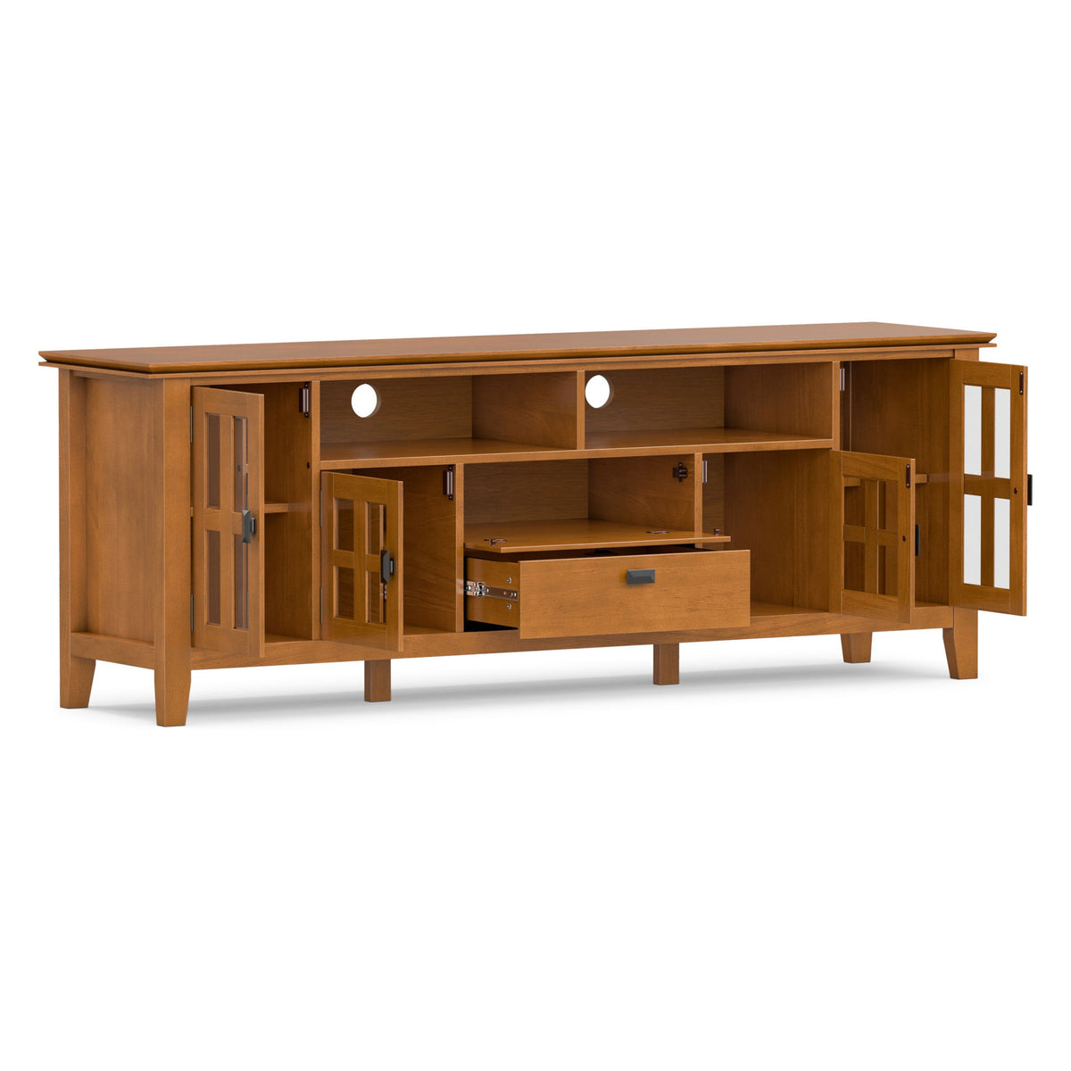 Light brown TV media stand with open shelf, drawers, and glass-door side cabinets