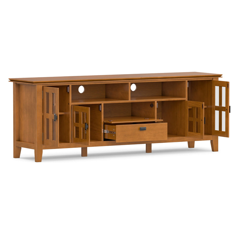 Light brown TV media stand with open shelf, drawers, and glass-door side cabinets