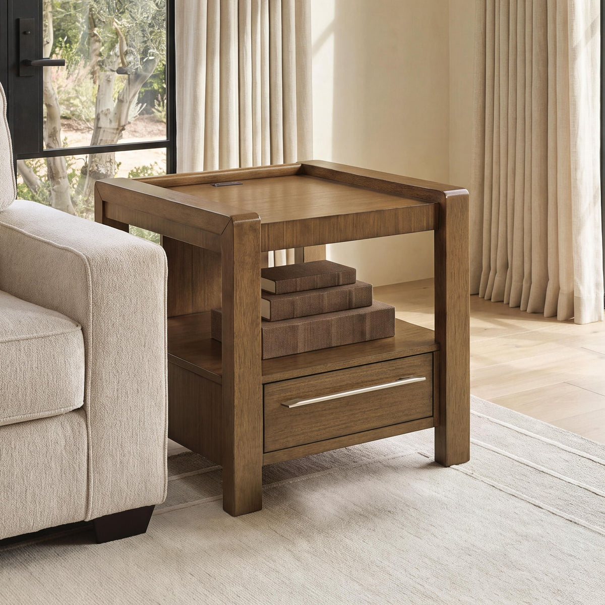 Brown square end table with open shelf, drawer, and metal bar handle
