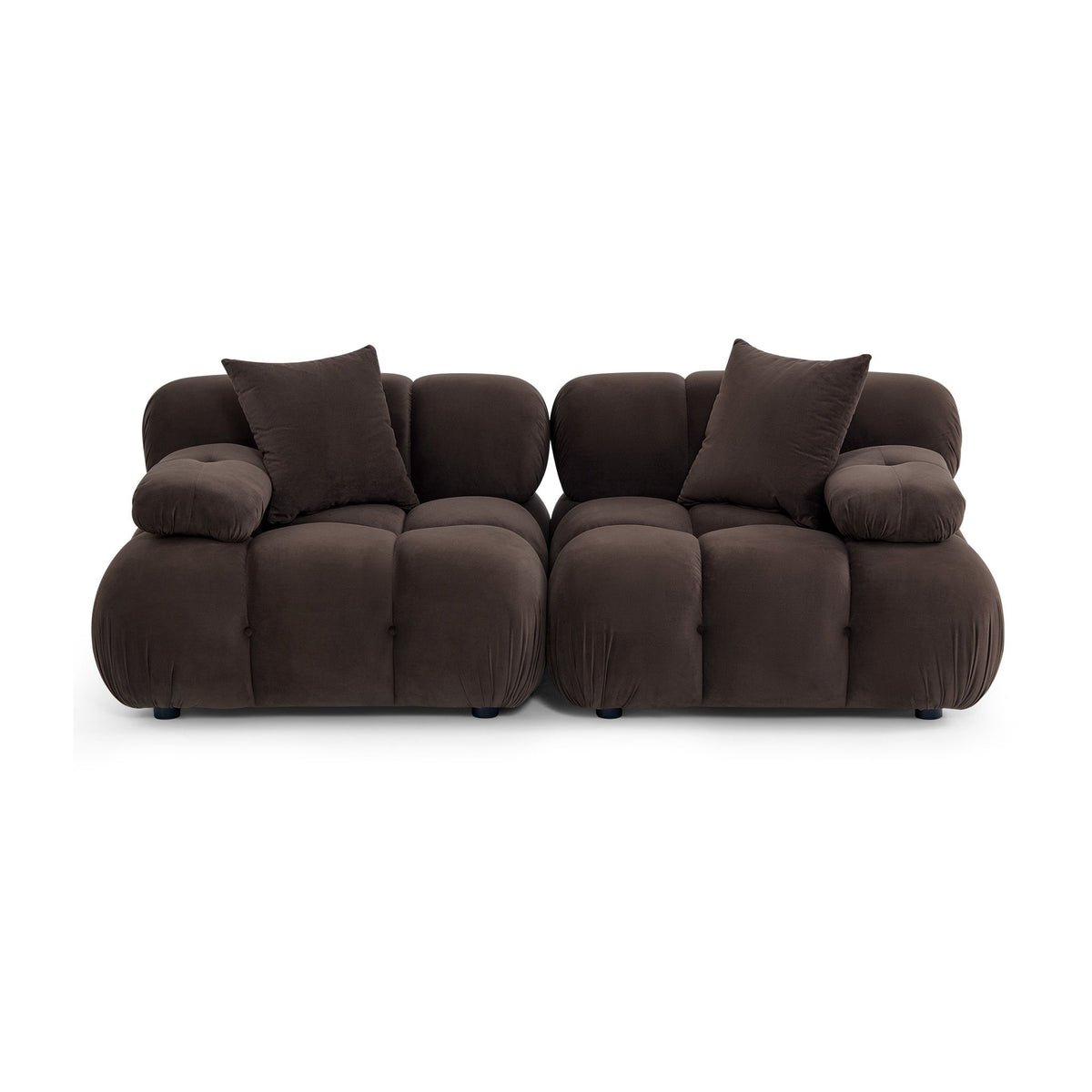Dark brown modular loveseat with padded back cushions, tufted seats, and two throw pillows