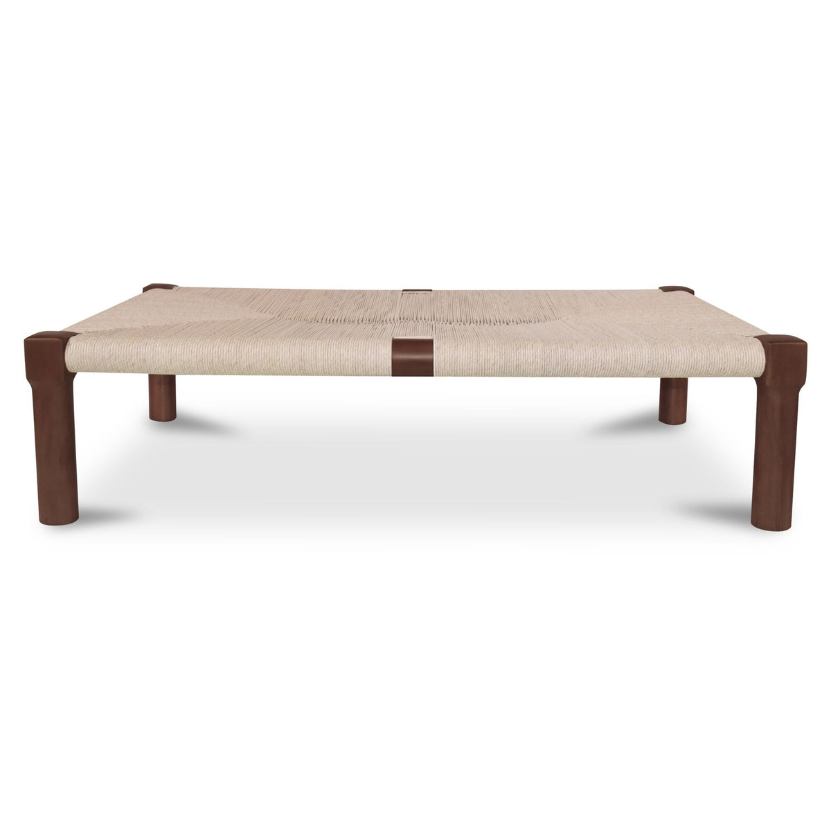 Dark brown outdoor coffee table with beige fabric top and square wooden legs