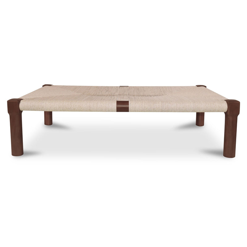 Dark brown outdoor coffee table with beige fabric top and square wooden legs