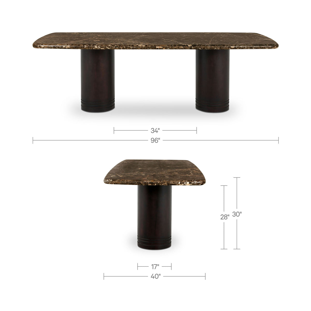 Large dining table with dark marble top and brown pedestal base with two supports