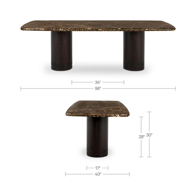 Large dining table with dark marble top and brown pedestal base with two supports