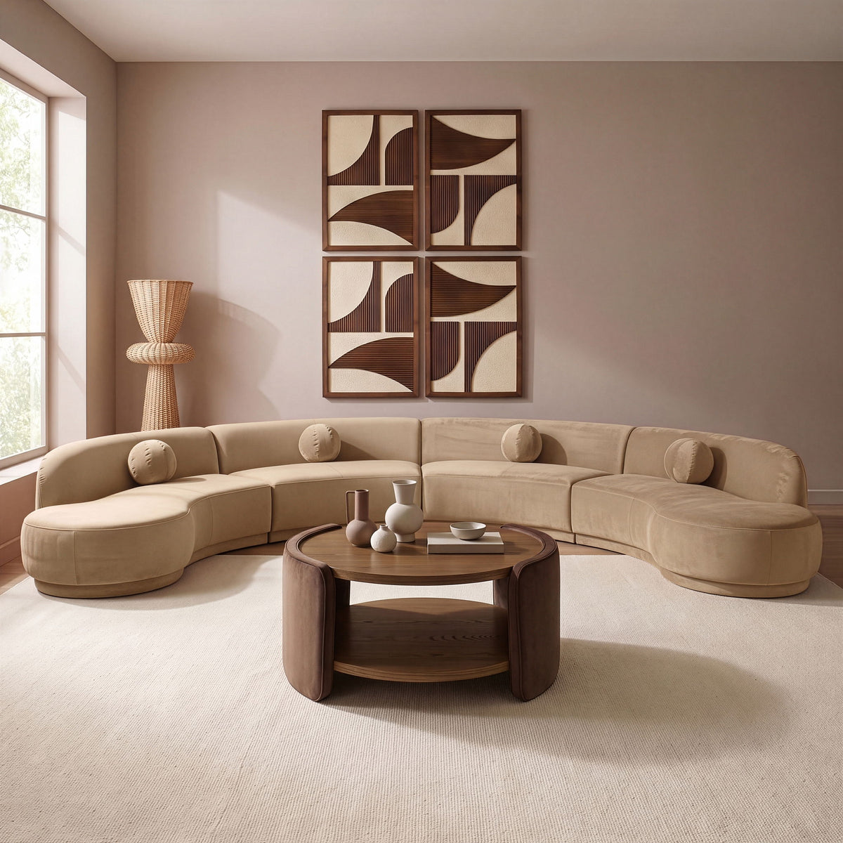 Beige velvet sectional sofa with rounded chaise and plush cushions