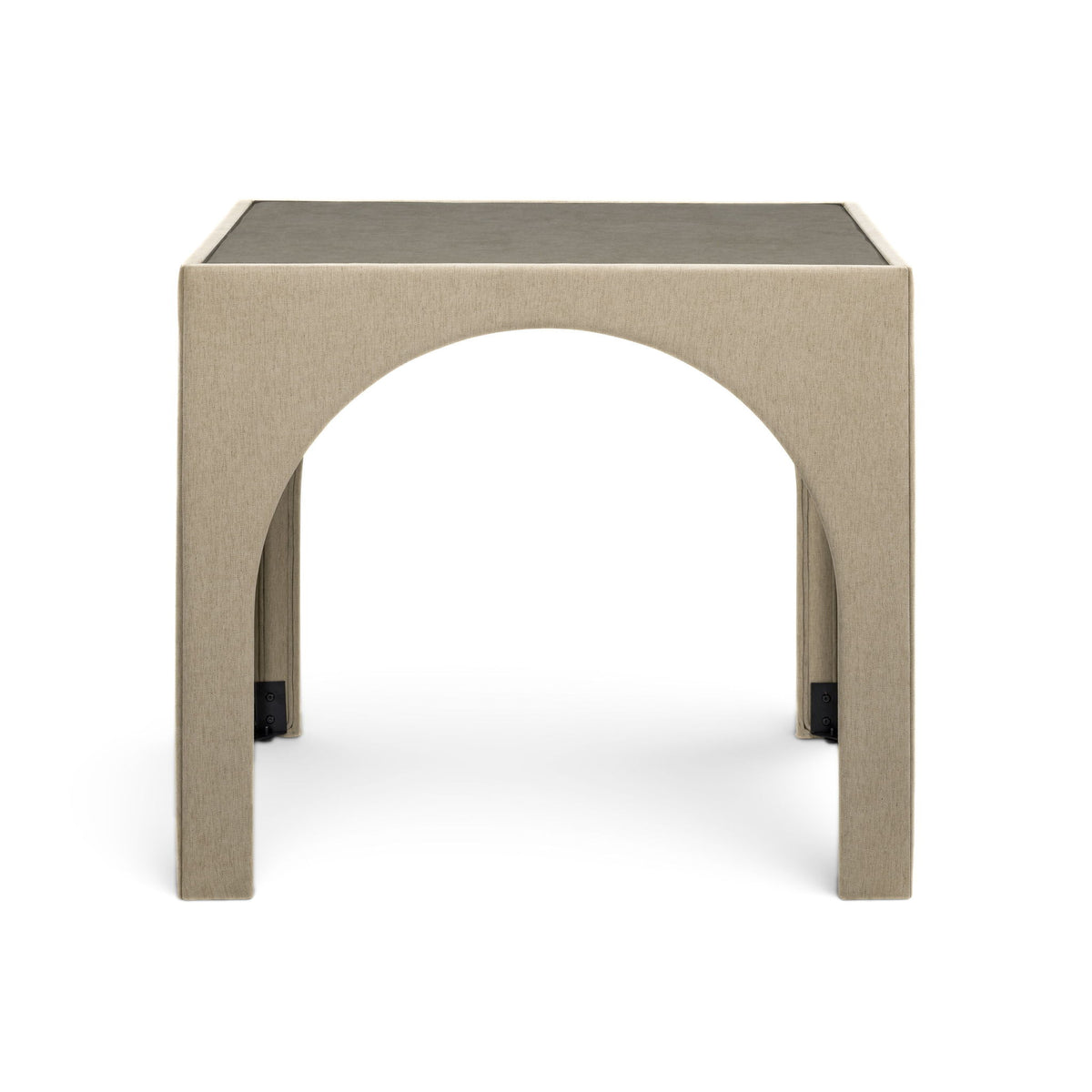 Beige fabric game table with rounded arch cutouts and dark tabletop