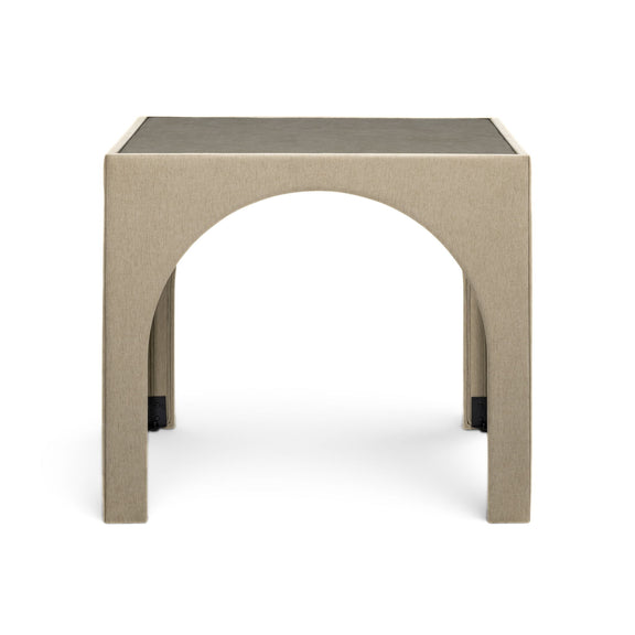 Beige fabric game table with rounded arch cutouts and dark tabletop