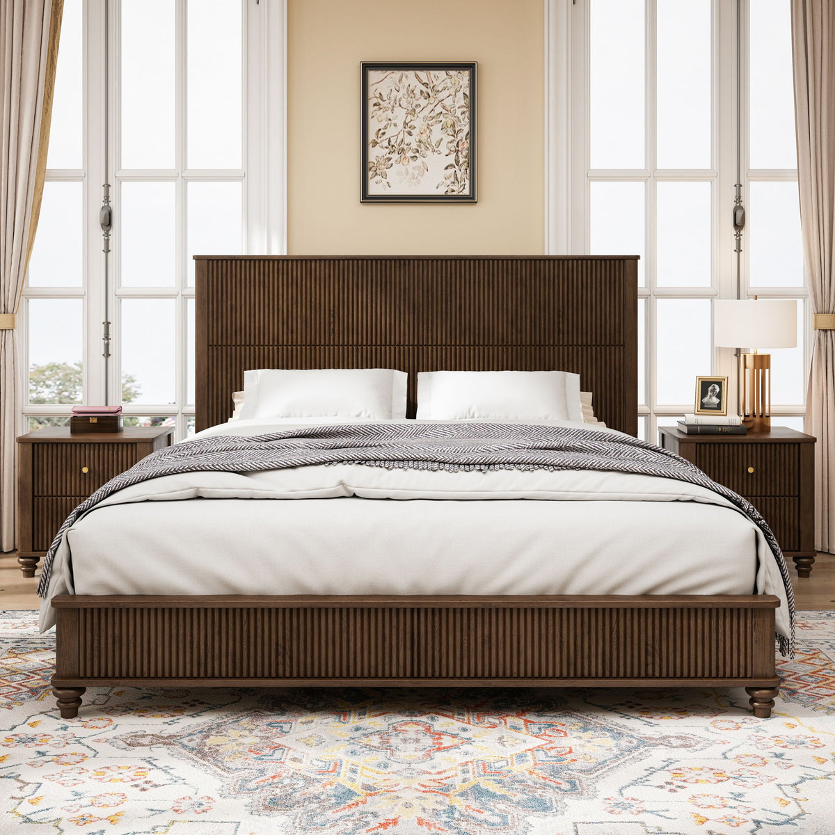 Dark brown upholstered bed with slatted base, white bedding, and two side nightstands