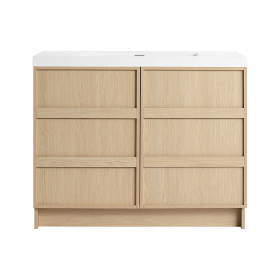 Freestanding bathroom vanity with white sink top and two soft-close cabinet doors
