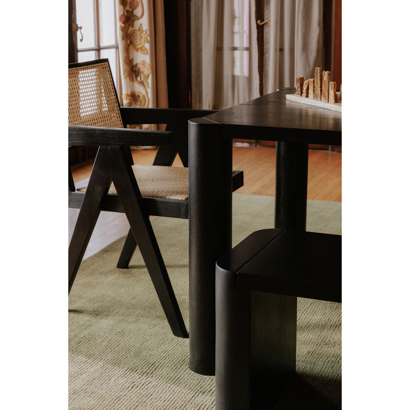 Black dining bench corner view with smooth legs and flat seat