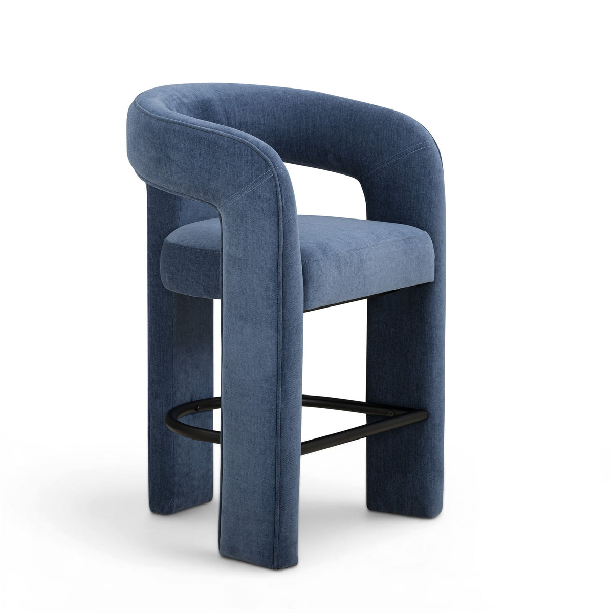 Blue upholstered stool with tall padded frame and black metal footrest