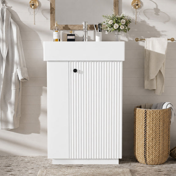 White freestanding bathroom vanity with sink top and ribbed cabinet door