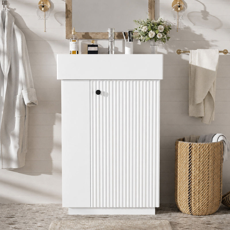 White freestanding bathroom vanity with sink top and ribbed cabinet door