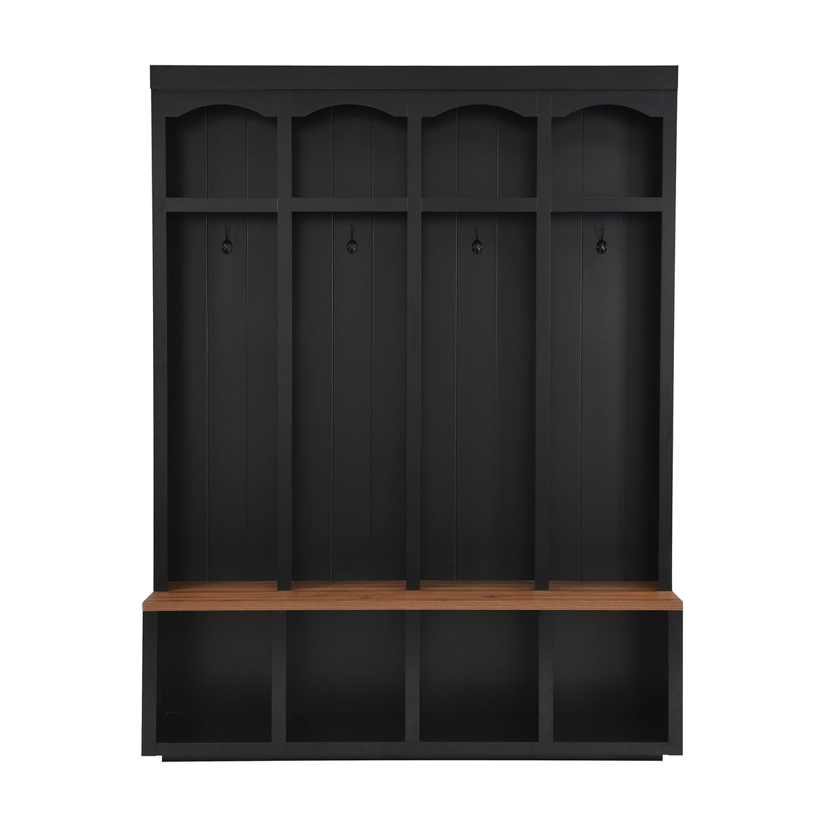 Black hall tree with bench, 4 hooks, and open storage cubbies