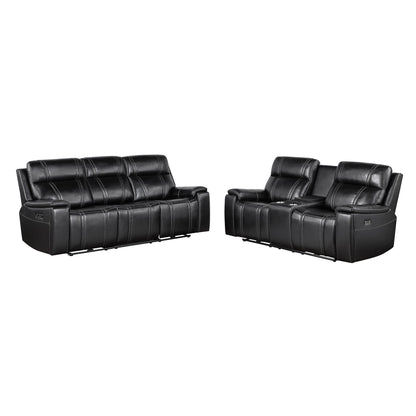 Black power reclining sofa and loveseat, tufted padded arms and headrest cushions