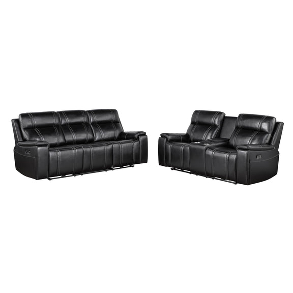 Black power reclining sofa and loveseat, tufted padded arms and headrest cushions