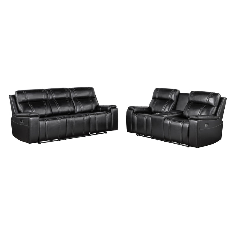 Black power reclining sofa and loveseat, tufted padded arms and headrest cushions