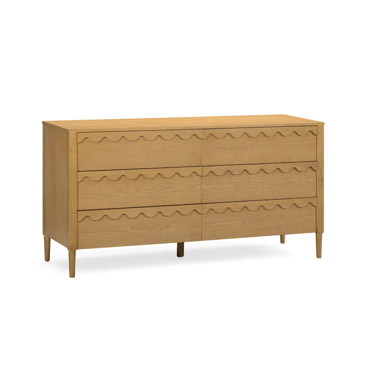 Light brown 6-drawer dresser, side view, wavy drawer fronts with tapered legs