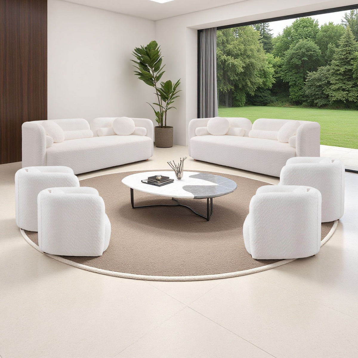 White upholstered seating set with two sofas and two armchairs