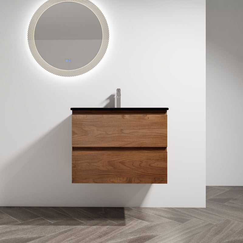 Wall-mounted bathroom vanity with sink, dark wood cabinet and two soft-close drawers