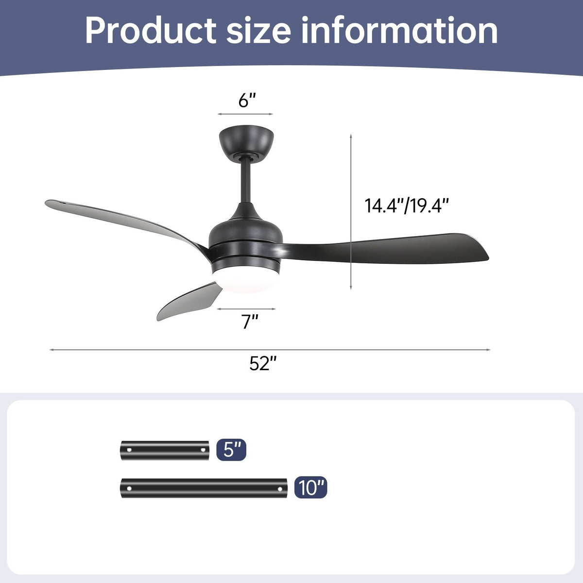 Ceiling fan size diagram with 52 in width and downrod lengths