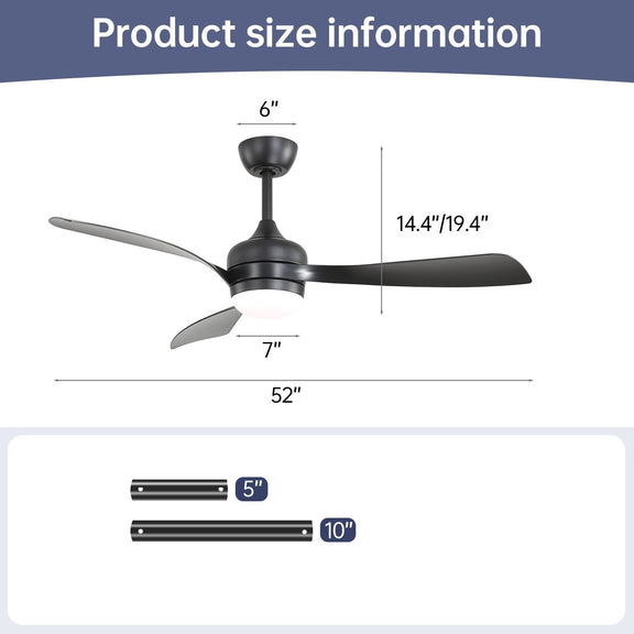 Ceiling fan size diagram with 52 in width and downrod lengths