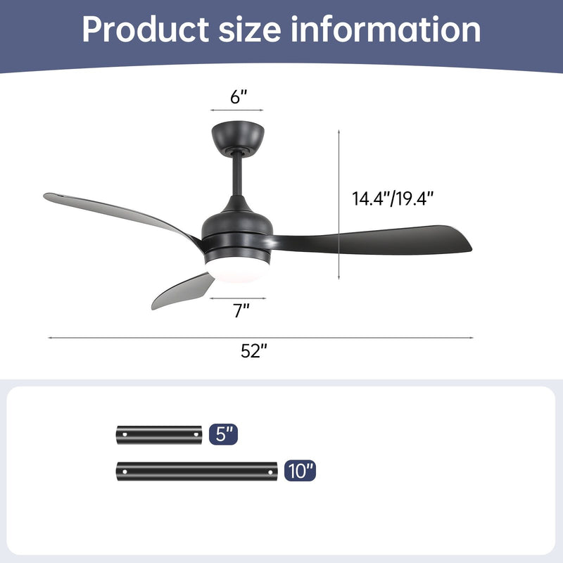 Ceiling fan size diagram with 52 in width and downrod lengths