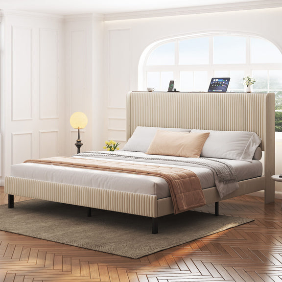 Beige platform bed with ribbed headboard and built-in charging station on top, black legs