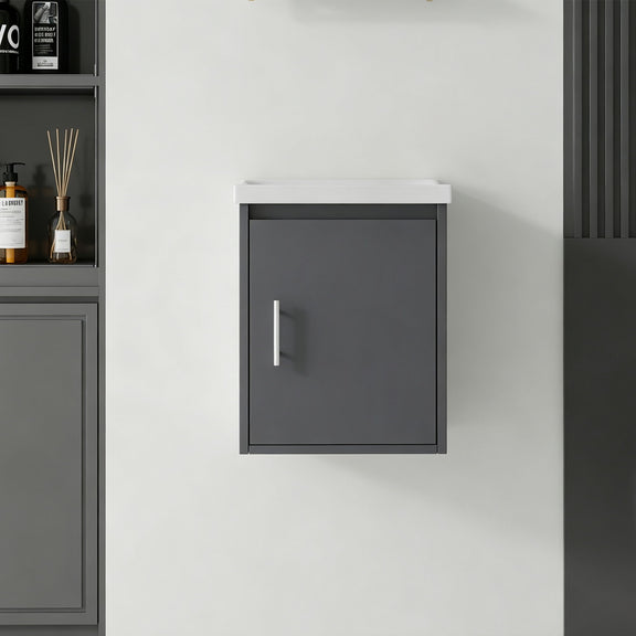 Wall-mounted bathroom vanity cabinet in dark gray with single door and long handle