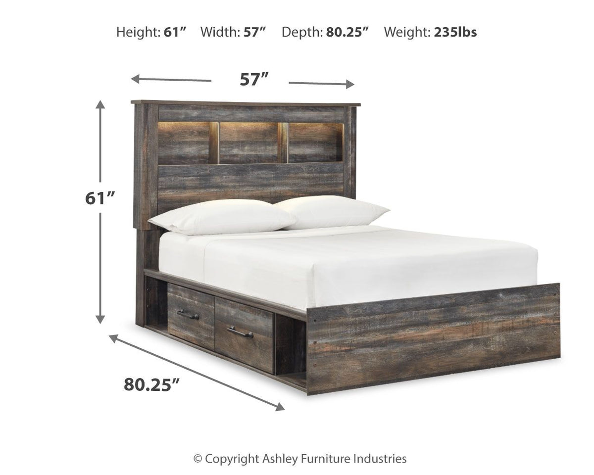 Panel bookcase bed with front side drawers and open headboard shelves, dark wood finish.