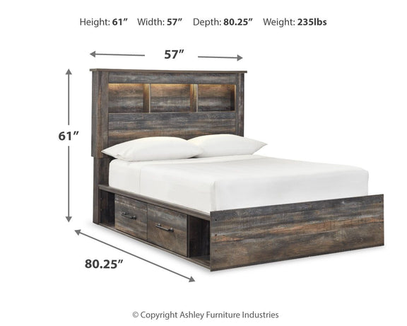 Panel bookcase bed with front side drawers and open headboard shelves, dark wood finish.