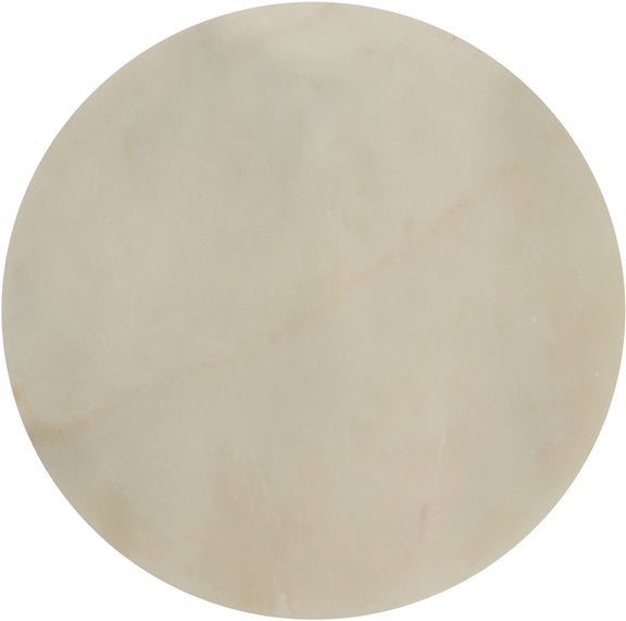 Round genuine marble tray top in pale off-white with subtle stone veining and specks