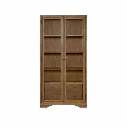 Dark brown display cabinet with two glass doors, four shelves, and four drawers