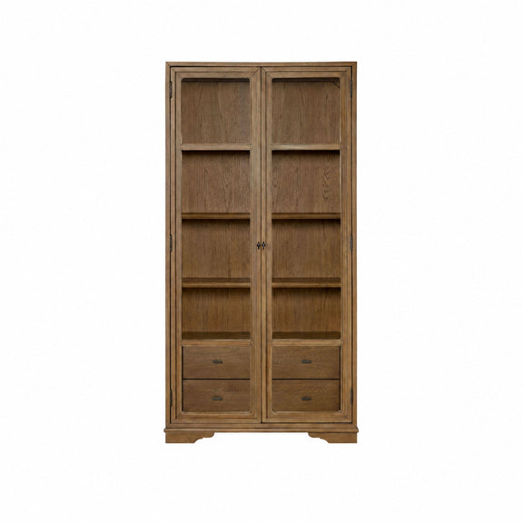 Tall display cabinet with two glass doors and three drawers, almond wood finish.