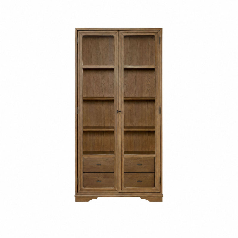 Tall display cabinet with two glass doors and three drawers, almond wood finish.