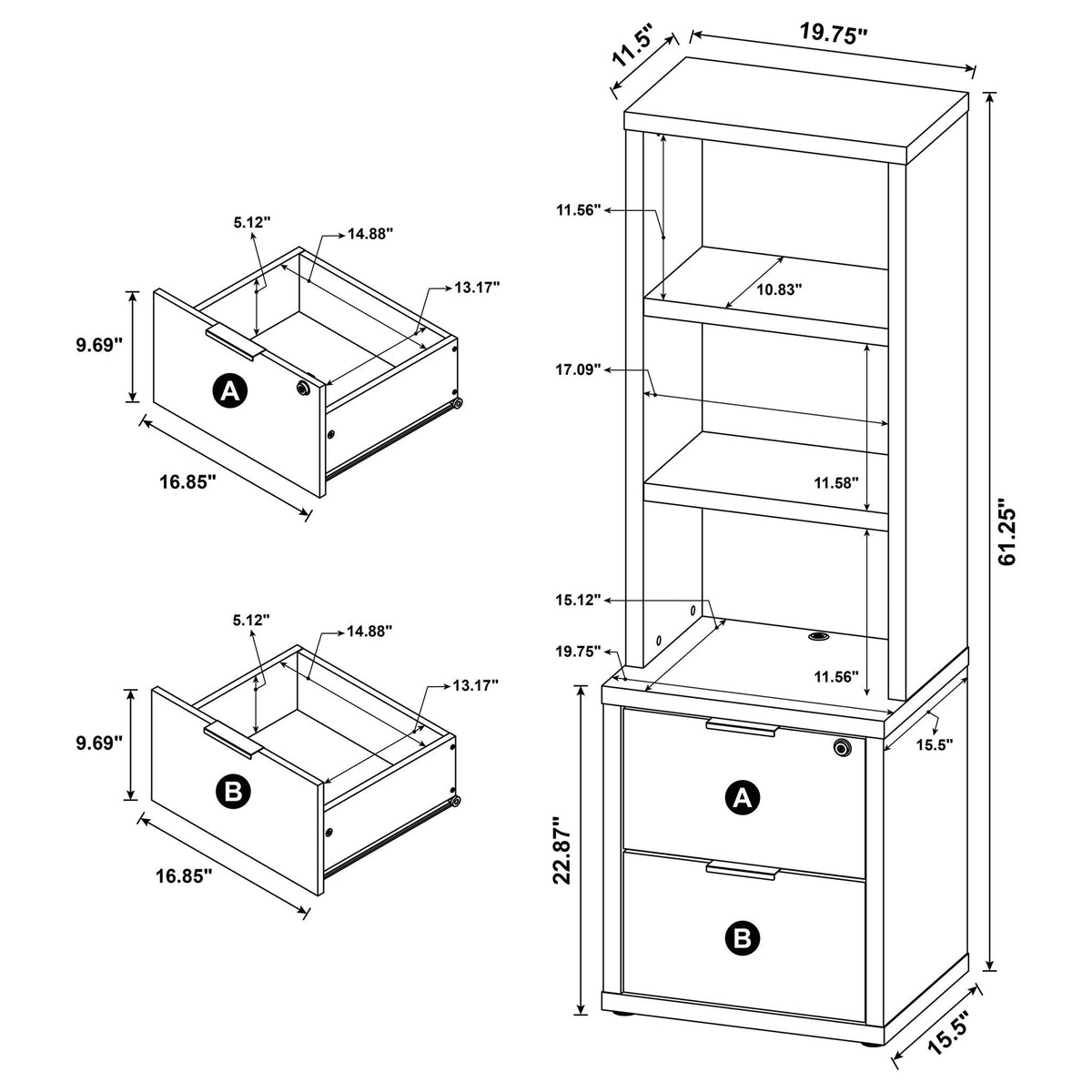 Multifunctional Bookcase With Three Open Shelves, 2 Drawers, Dual USB Charging Outlet